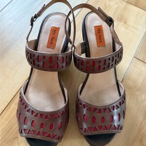 Miz Mooz Brown and Red Sandals with Ankle Strap and Cutout Design